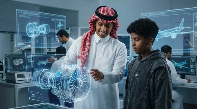 مهندس سعودي يشرح هولوجرام محرك طائرة في مختبر تقني