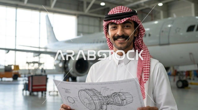 مهندس طيران سعودي يحمل مخططاً فنيًا في حظيرة الطائرات