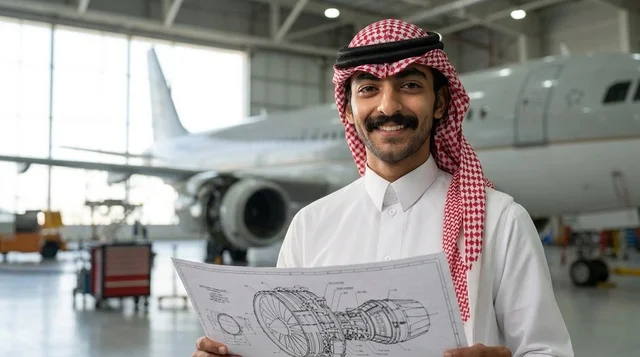 مهندس طيران سعودي يحمل مخططاً فنيًا في حظيرة الطائرات