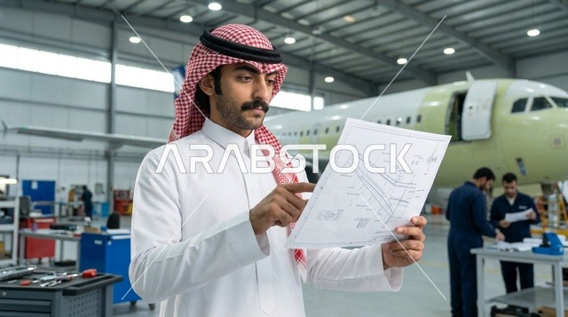 مهندس سعودي يراجع مخططات الطيران في حظيرة الصيانة