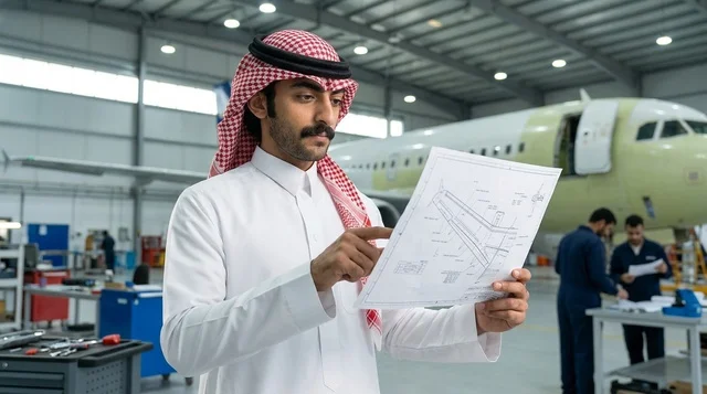 مهندس سعودي يراجع مخططات الطيران في حظيرة الصيانة