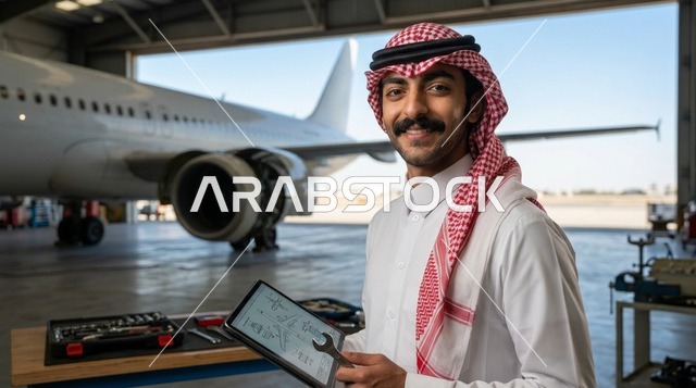 مهندس طيران سعودي مع جهاز لوحي في حظيرة الطائرات
