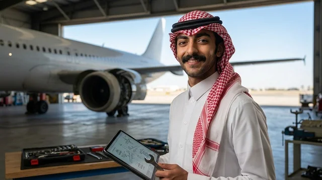 مهندس طيران سعودي مع جهاز لوحي في حظيرة الطائرات