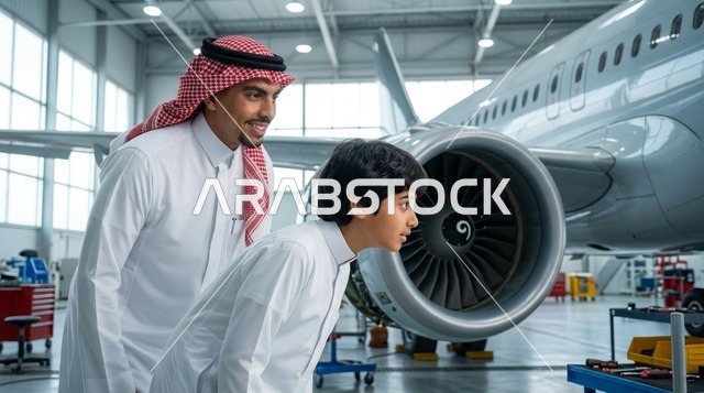 أب وابنه سعوديان يتفحصان محرك طائرة داخل الحظيرة