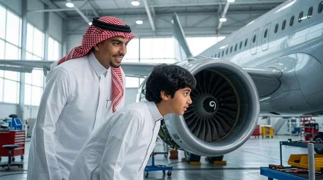 Saudi Father and Son Inspecting Airplane Engine in Hangar