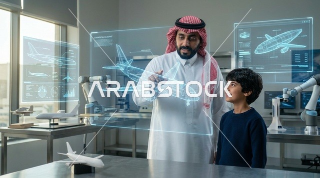 مهندس سعودي يشرح هولوجرام طائرة لطفل في مختبر حديث