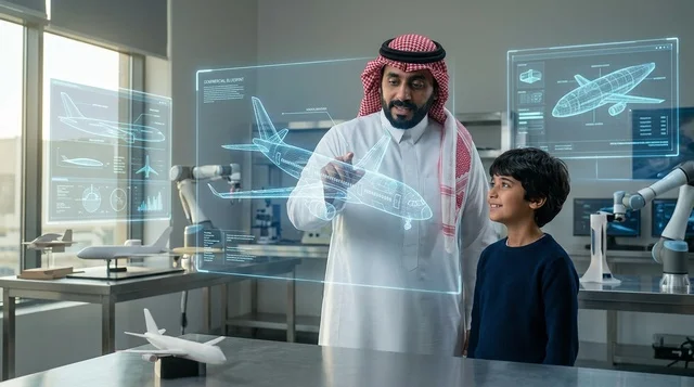 مهندس سعودي يشرح هولوجرام طائرة لطفل في مختبر حديث