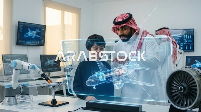 مهندس سعودي يشرح مجسم طائرة هولوغرام لصبي في مختبر