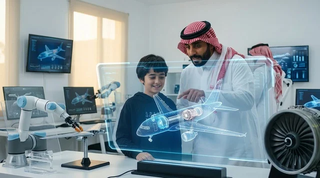 مهندس سعودي يشرح مجسم طائرة هولوغرام لصبي في مختبر