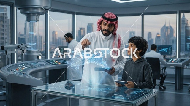 أب عربي وابنه يشاهدان مجسم طائرة هولوجرام مستقبلي