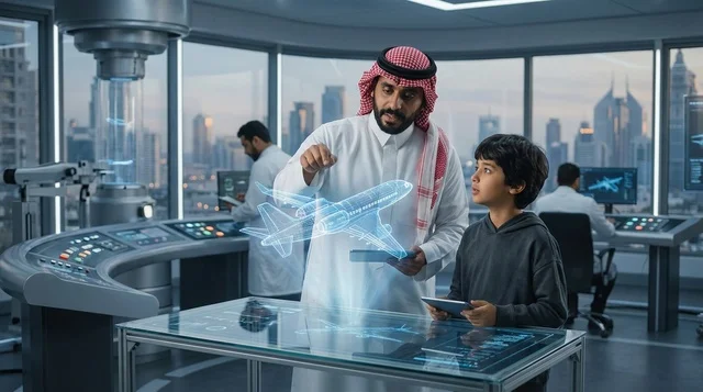 أب عربي وابنه يشاهدان مجسم طائرة هولوجرام مستقبلي