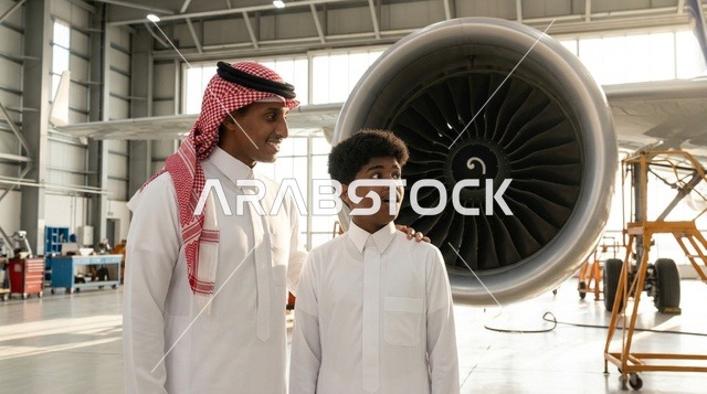 رجل سعودي وطفل بجانب محرك طائرة داخل حظيرة الطيران