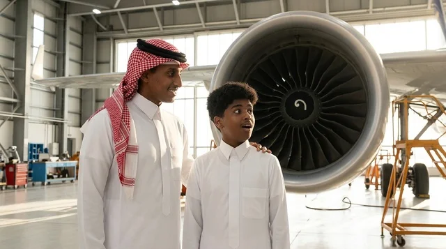 رجل سعودي وطفل بجانب محرك طائرة داخل حظيرة الطيران