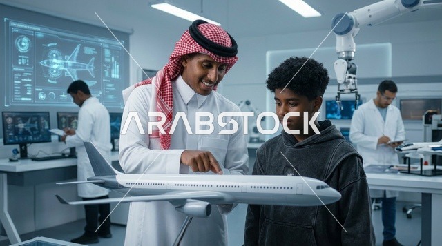 مهندس سعودي يشرح نموذج طائرة في مختبر تقني حديث