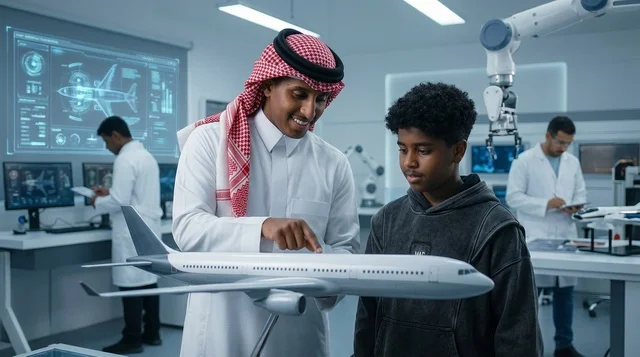 مهندس سعودي يشرح نموذج طائرة في مختبر تقني حديث
