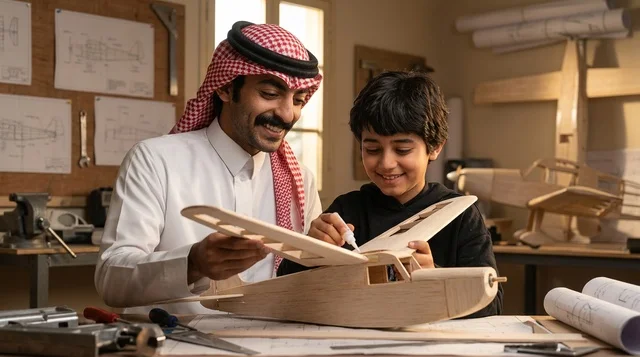 أب سعودي يساعد ابنه في تركيب طائرة خشبية بالورشة