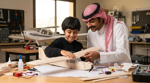 أب سعودي وابنه يقومان بتركيب نموذج طائرة خشبية في الورشة