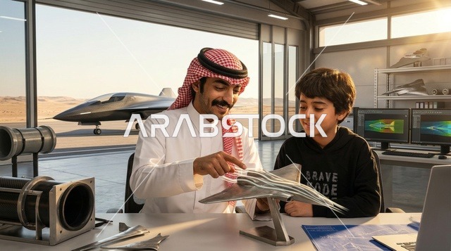 مهندس سعودي يعلم طفلا أساسيات تصميم الطيران بالحظيرة