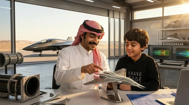 مهندس سعودي يعلم طفلا أساسيات تصميم الطيران بالحظيرة