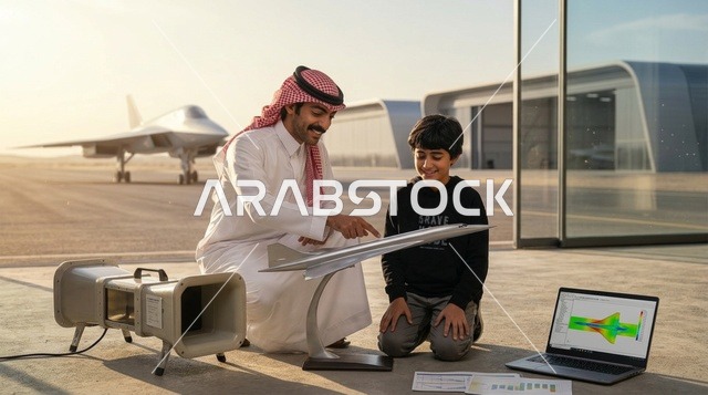 رجل سعودي يعلم طفلاً هندسة الطيران بجانب طائرة مقاتلة