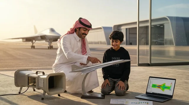 رجل سعودي يعلم طفلاً هندسة الطيران بجانب طائرة مقاتلة