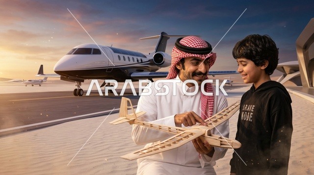 أب سعودي مع ابنه يحملان مجسم طائرة بمدرج المطار