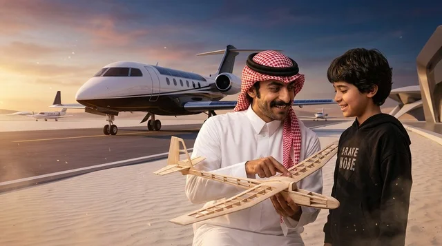Saudi Father and Son with Model Airplane at Airport
