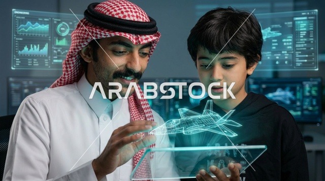 رجل سعودي وطفل يدرسان هولوجرام طائرة مقاتلة حديثة