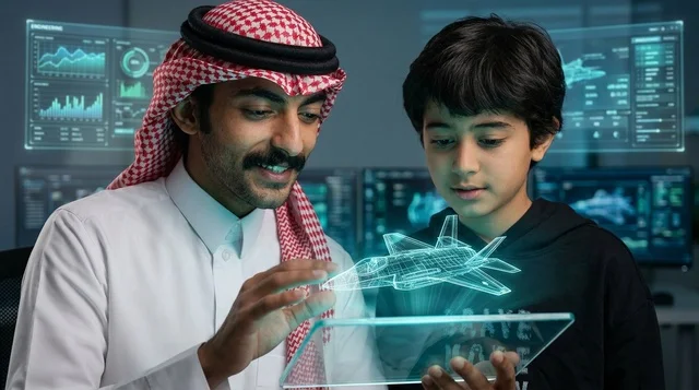 Saudi Man and Boy Studying Hologram Fighter Jet Tech