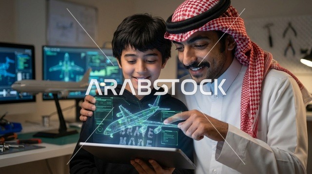 أب سعودي وابنه يدرسان مجسم طائرة هولوغرام تفاعلي