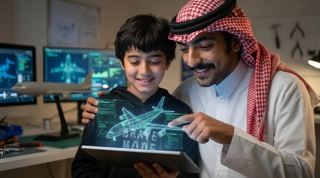 أب سعودي وابنه يدرسان مجسم طائرة هولوغرام تفاعلي