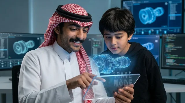 Saudi Engineer Showing 3D Hologram to Boy in Lab