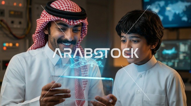 رجل وطفل سعودي يتفاعلان مع مجسم هولوجرام طائرة ثلاثي الأبعاد