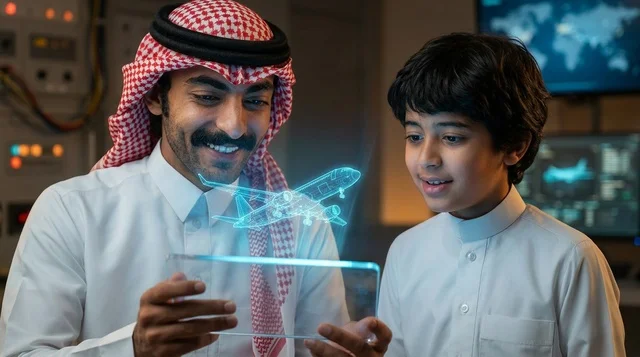 رجل وطفل سعودي يتفاعلان مع مجسم هولوجرام طائرة ثلاثي الأبعاد