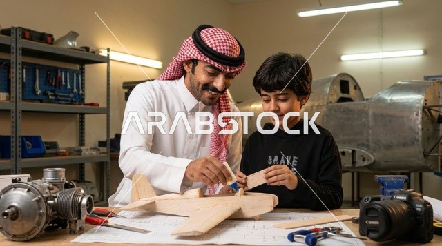 أب سعودي يعلم ابنه تركيب مجسم طائرة خشبية بالورشة