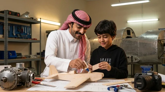 Saudi Father and Son Building Model Airplane in Workshop