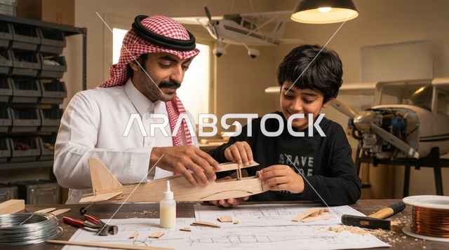 أب سعودي يعلم ابنه تركيب نموذج طائرة خشبية في الورشة