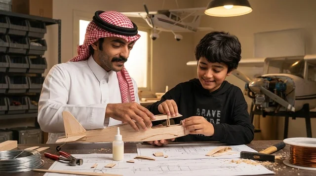 أب سعودي يعلم ابنه تركيب نموذج طائرة خشبية في الورشة