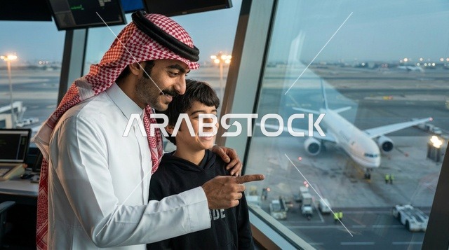أب سعودي وابنه داخل برج مراقبة المطار يراقبون الطائرات