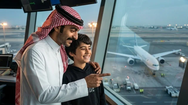 أب سعودي وابنه داخل برج مراقبة المطار يراقبون الطائرات