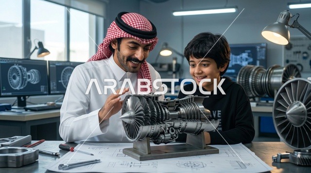 أب سعودي يعلم ابنه هندسة المحركات النفاثة في الورشة