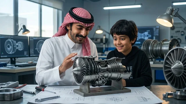أب سعودي يعلم ابنه هندسة المحركات النفاثة في الورشة