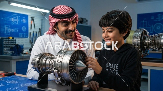 أب سعودي يعلم ابنه هندسة المحركات النفاثة في الورشة