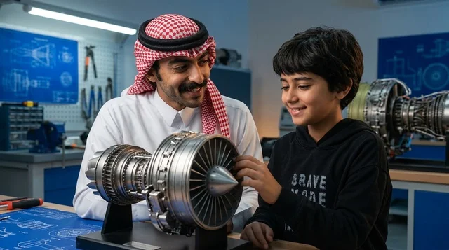 Saudi Father and Son Examining Jet Engine Model in Workshop