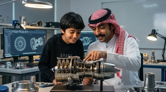 مهندس سعودي يشرح نموذج محرك نفاث لصبي