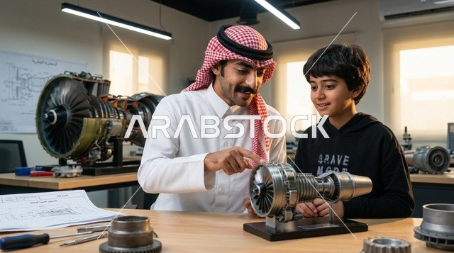 مهندس سعودي يعلم طفلاً ميكانيكا المحركات في ورشة عمل
