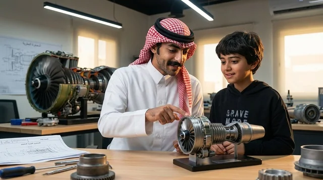 مهندس سعودي يعلم طفلاً ميكانيكا المحركات في ورشة عمل
