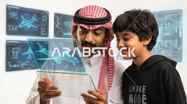 Saudi Man and Boy Looking at Airplane Hologram Tablet