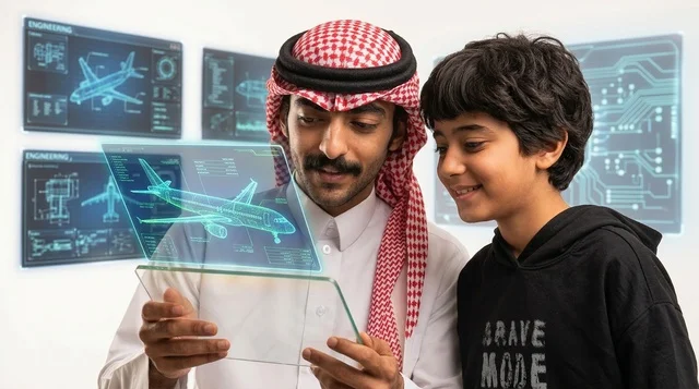 رجل سعودي وطفل ينظران إلى لوح هولوغرام طائرة ذكي