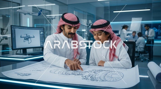 مهندسون عرب يدرسون مخطط توربين ميكانيكي في مختبر حديث